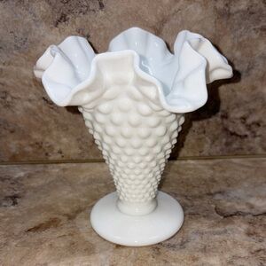 Vintage Fenton Hobnail White Milk Glass Vase Fluted Ruffle Edge - 5-3/4”T 5-3/8”